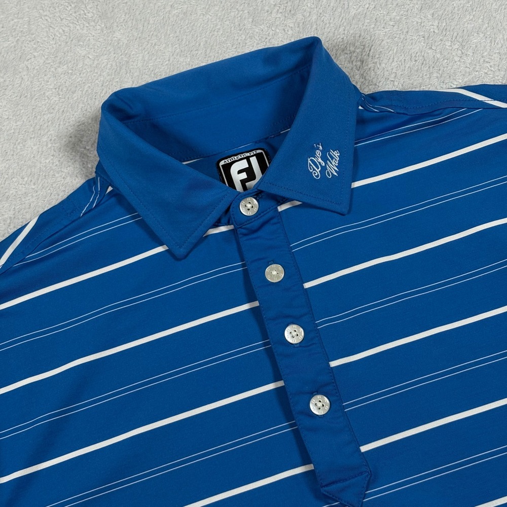 FootJoy Mens Athletic Fit Striped Golf Polo Blue White Dyes Walk Short Sleeve L